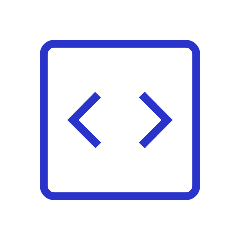 Dunkelblaues Icon mit spitzen Klammern in einem abgerundeten Rahmen, das für Programmierung oder Quellcode steht.