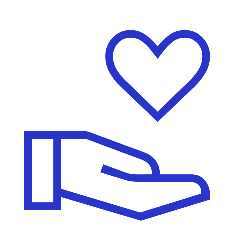 Ein dunkelblaues Icon welches aus einer Hand die ein Herz hält besteht.