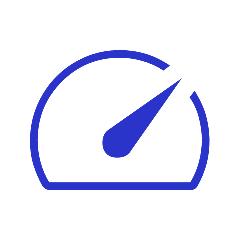 Dunkelblaues Tachometer-Icon mit Zeiger in einem abgerundeten Rahmen, das für Geschwindigkeit oder Leistung steht.