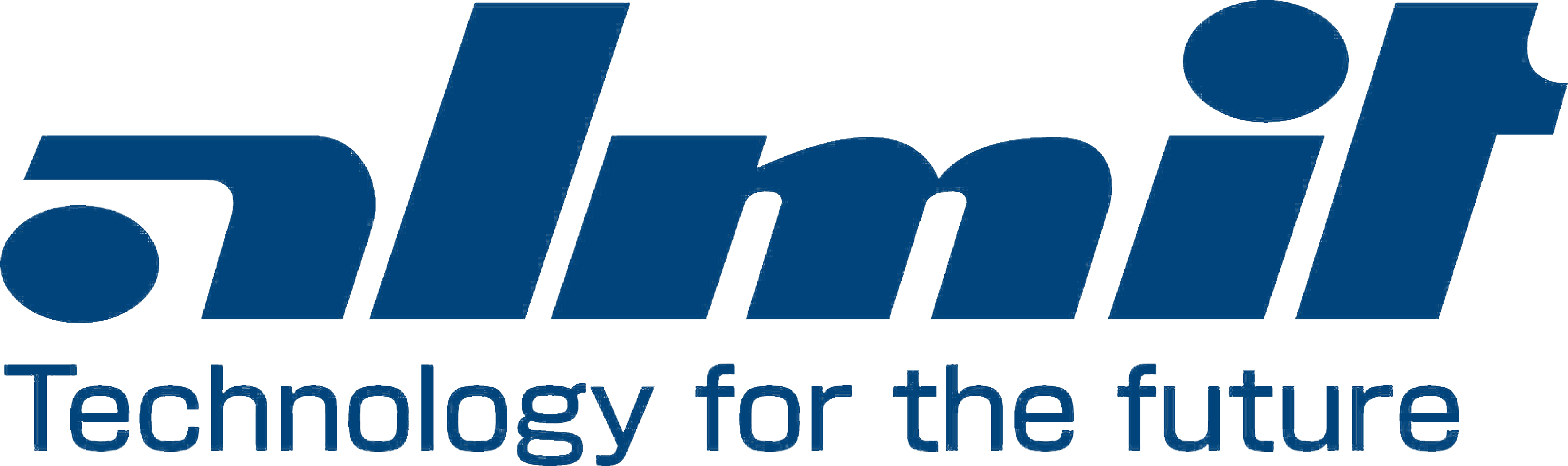 Logo von Almit in dunkelblauer Schrift mit dem Slogan Technology for the future auf weißem Hintergrund.